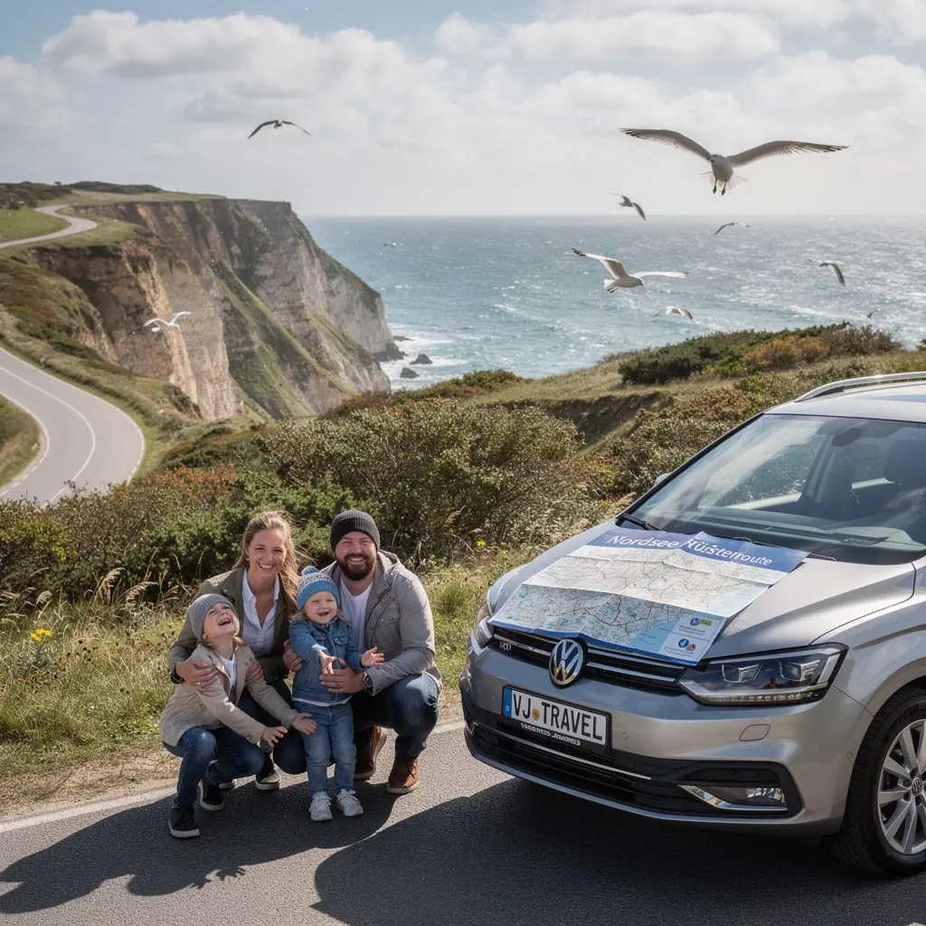Ein Familienausflug mit einem Van, der durch grüne Weinberge in der Pfalz fährt.