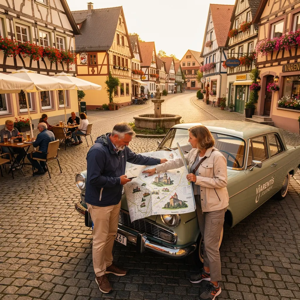 Ein modernes Navigationsgerät mit einer Routenplanung für einen Roadtrip durch Deutschland.
